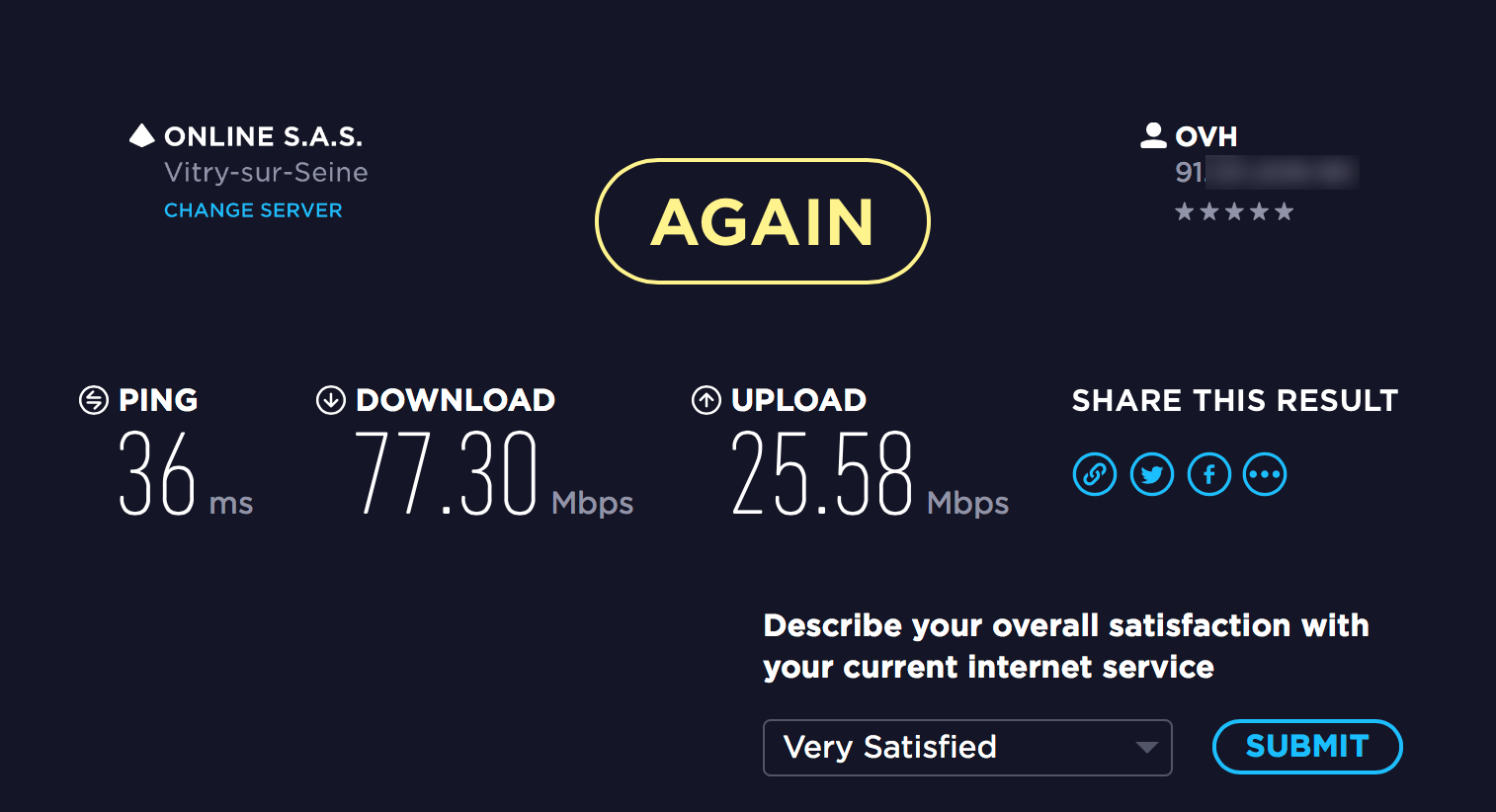 Screenshot of a speedtest showing 77Mbps of download